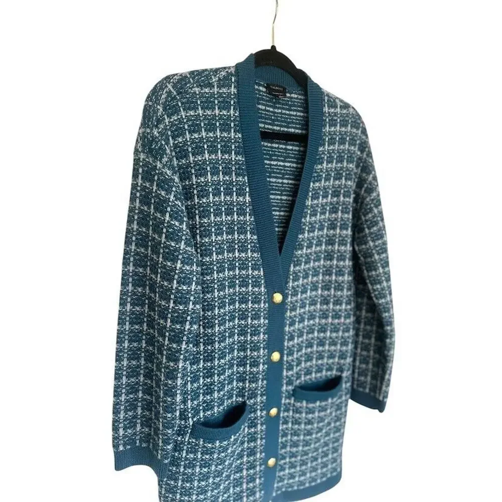 Talbots 100% Merino Wool Long Cardigan Blue Plaid Size M Gold Button Pockets